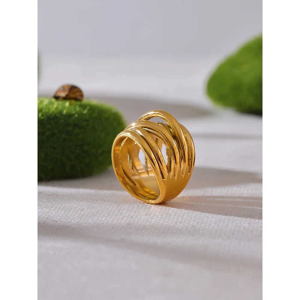 Stainless Steel 18K PVD Plated Metal Geometric Golden Wide Ring