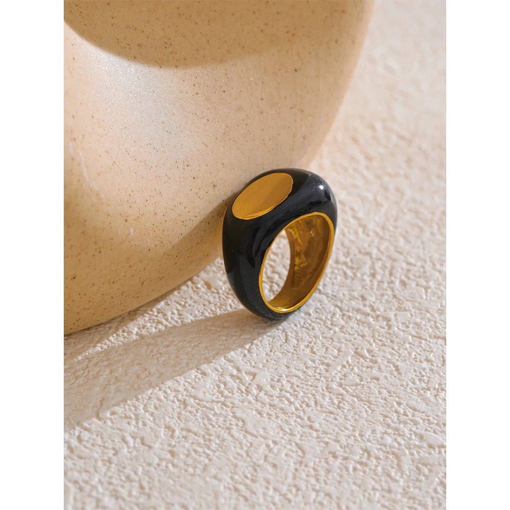 Stainless Steel Black Enamel Geometric 316L Unique Ring  Waterproof  Jewelry