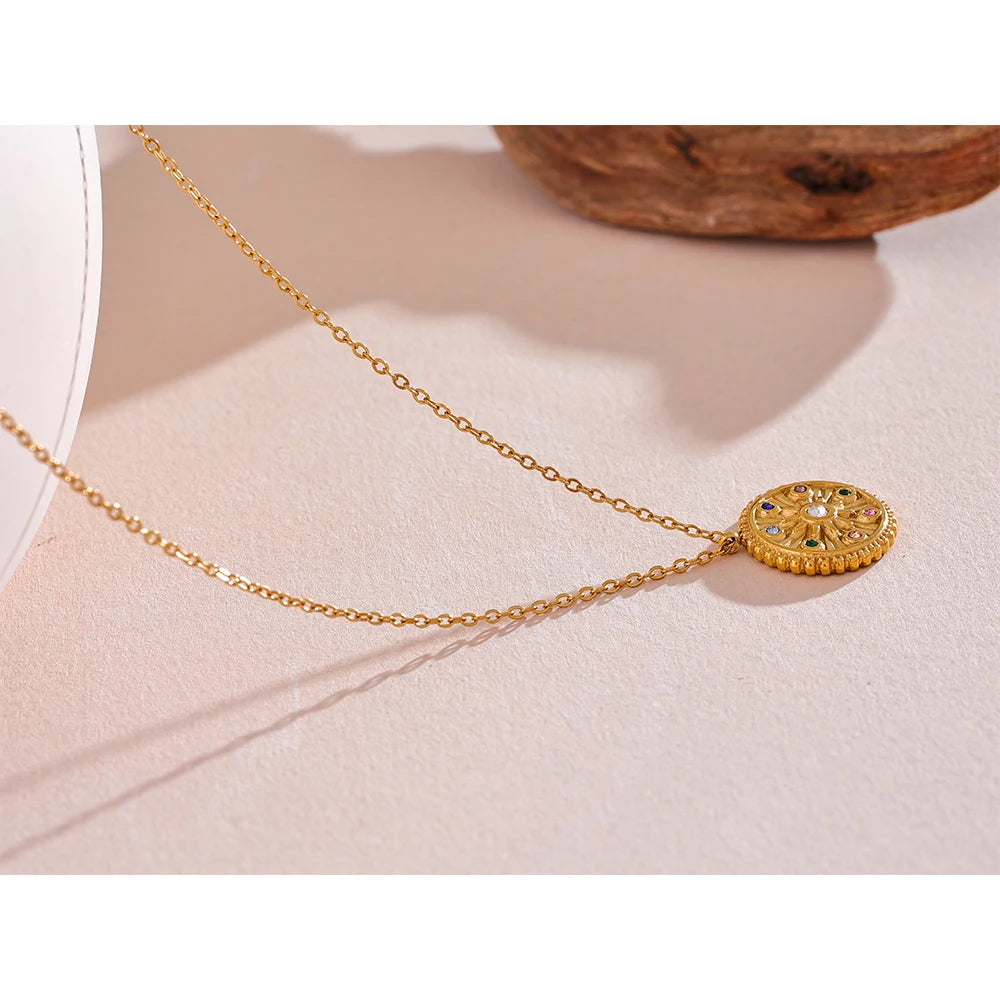 Colorful Zircon Star Round Pendant Necklace 18k Gold Color