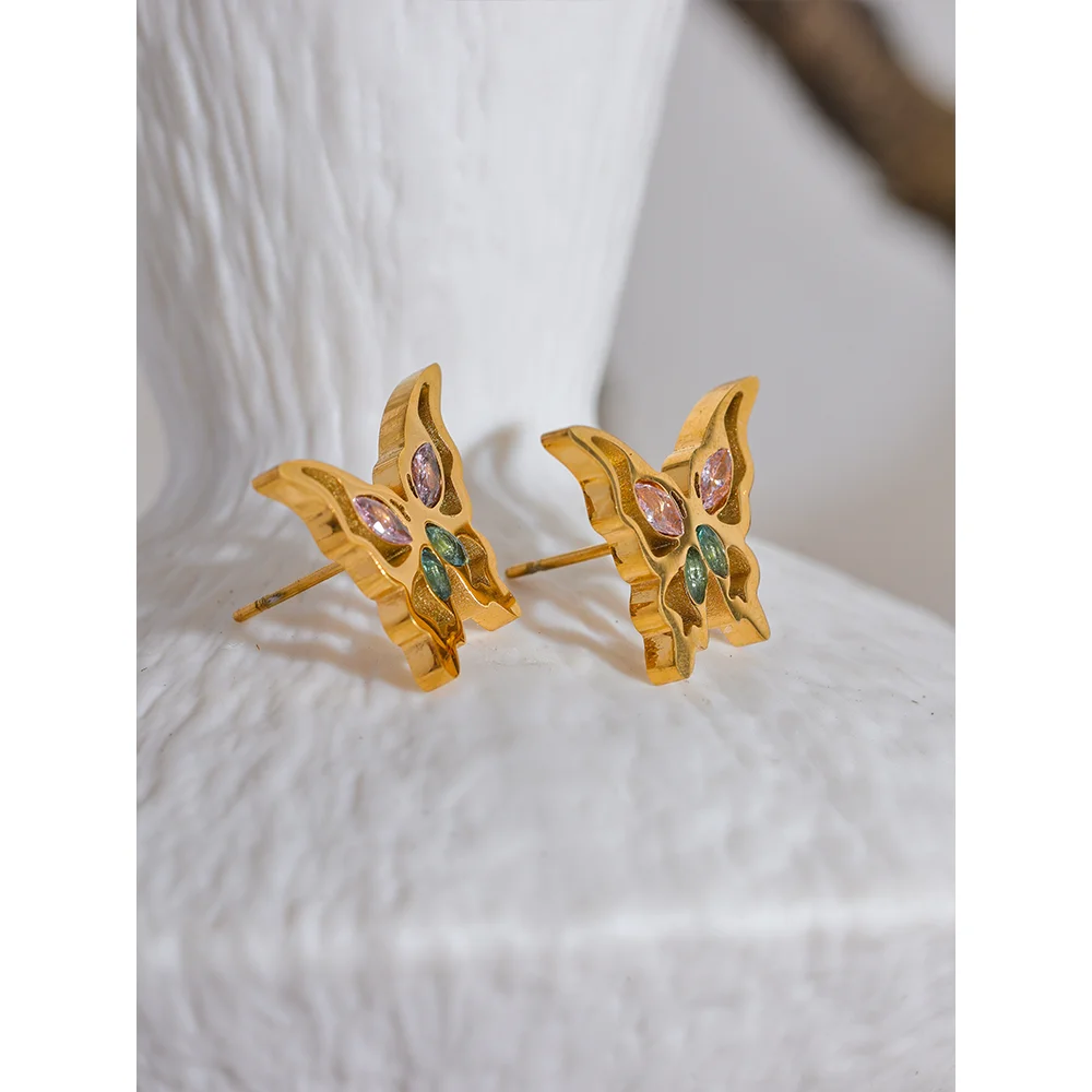 Stainless Steel Butterfly Hollow Stud Earrings Cubic Zirconia Gold Color