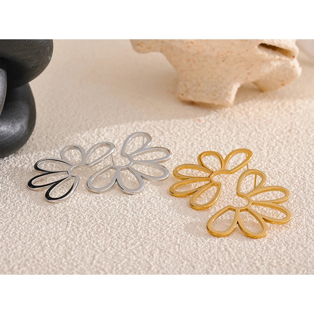 Flower Statement Big Stud Earrings 18K Gold Color PVD Plated Metal