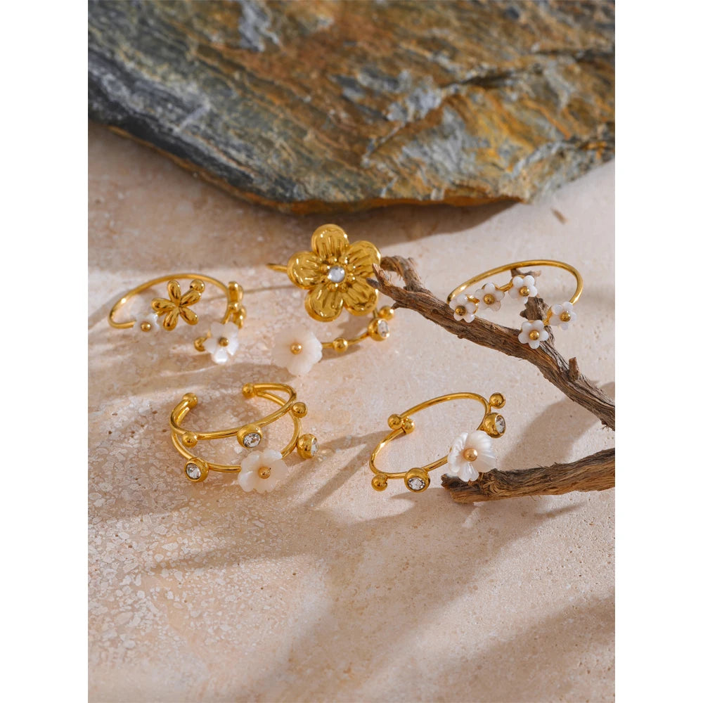 Natural Shell Zircon Flower Adjustable Open Golden Ring