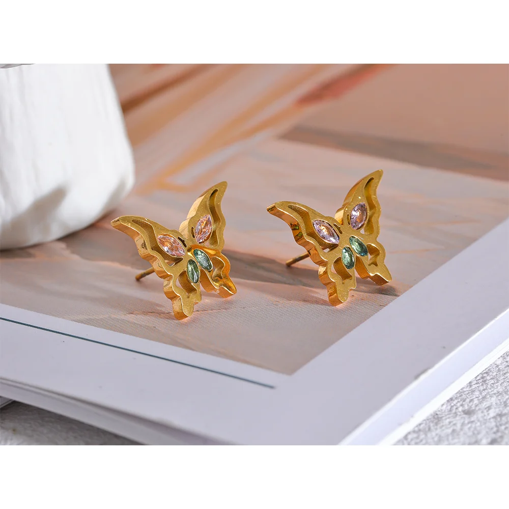 Stainless Steel Butterfly Hollow Stud Earrings Cubic Zirconia Gold Color