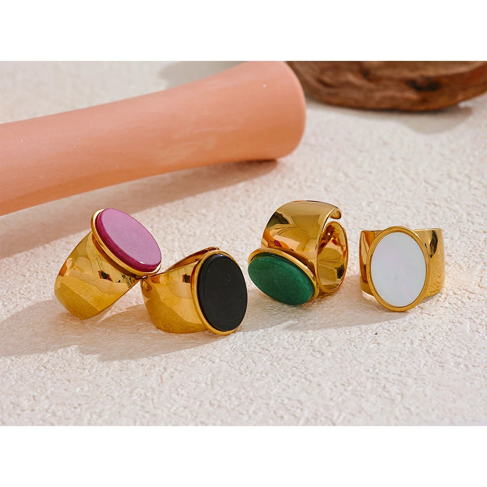 PVD Plated Stone Stainless Steel Gold Color Wide Ring