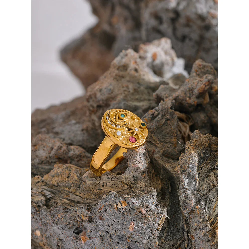 Stainless Steel Star Moon Eye Charms Ring Zirconia 18K Gold Color Jewelry