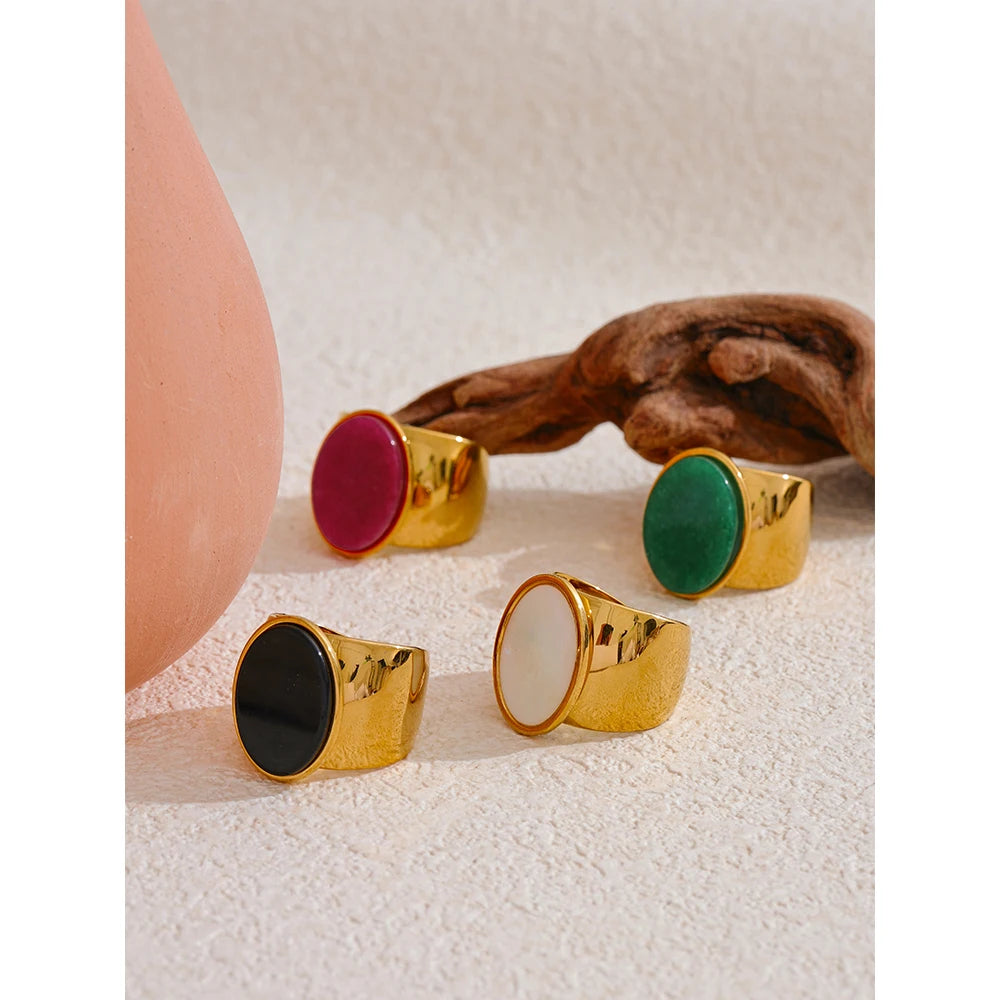 PVD Plated Stone Stainless Steel Gold Color Wide Ring