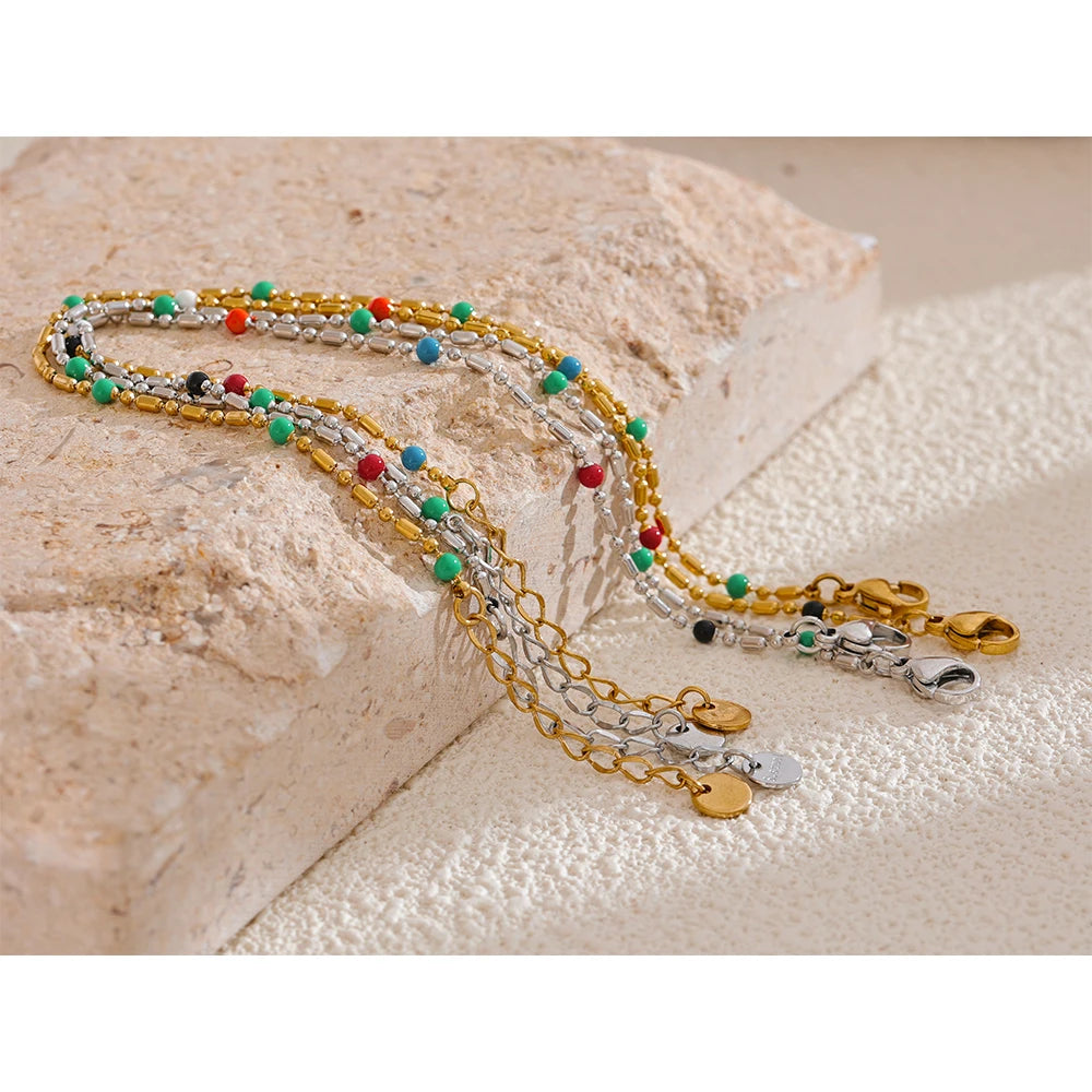 Colorful Enamel Beads Chain Bracelet 18K PVD Plated