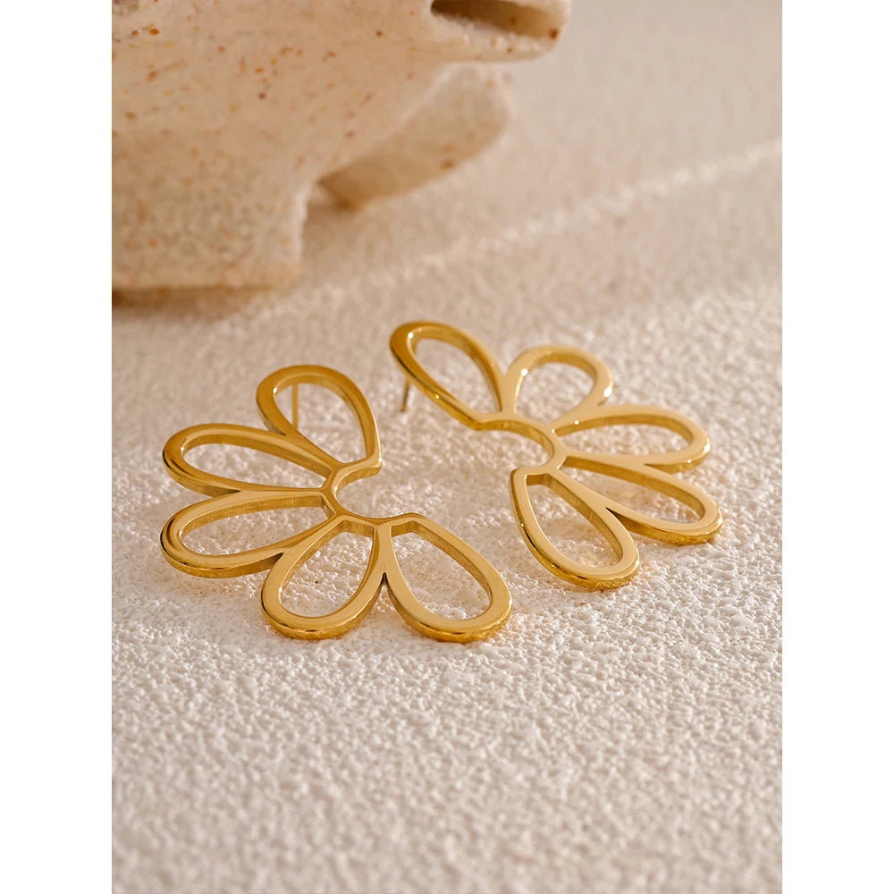 Flower Statement Big Stud Earrings 18K Gold Color PVD Plated Metal