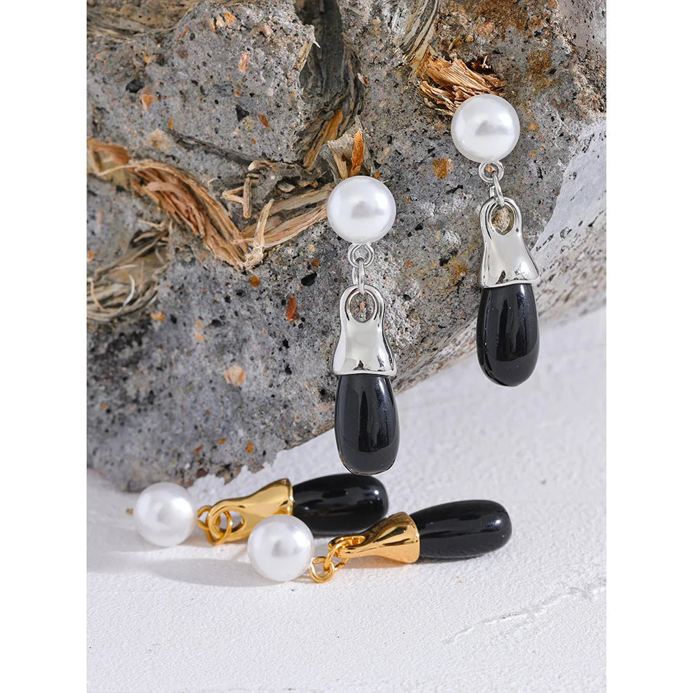 Vintage Imitation Pearls Stainless Steel Black Crystal Geometric Drop Earrings