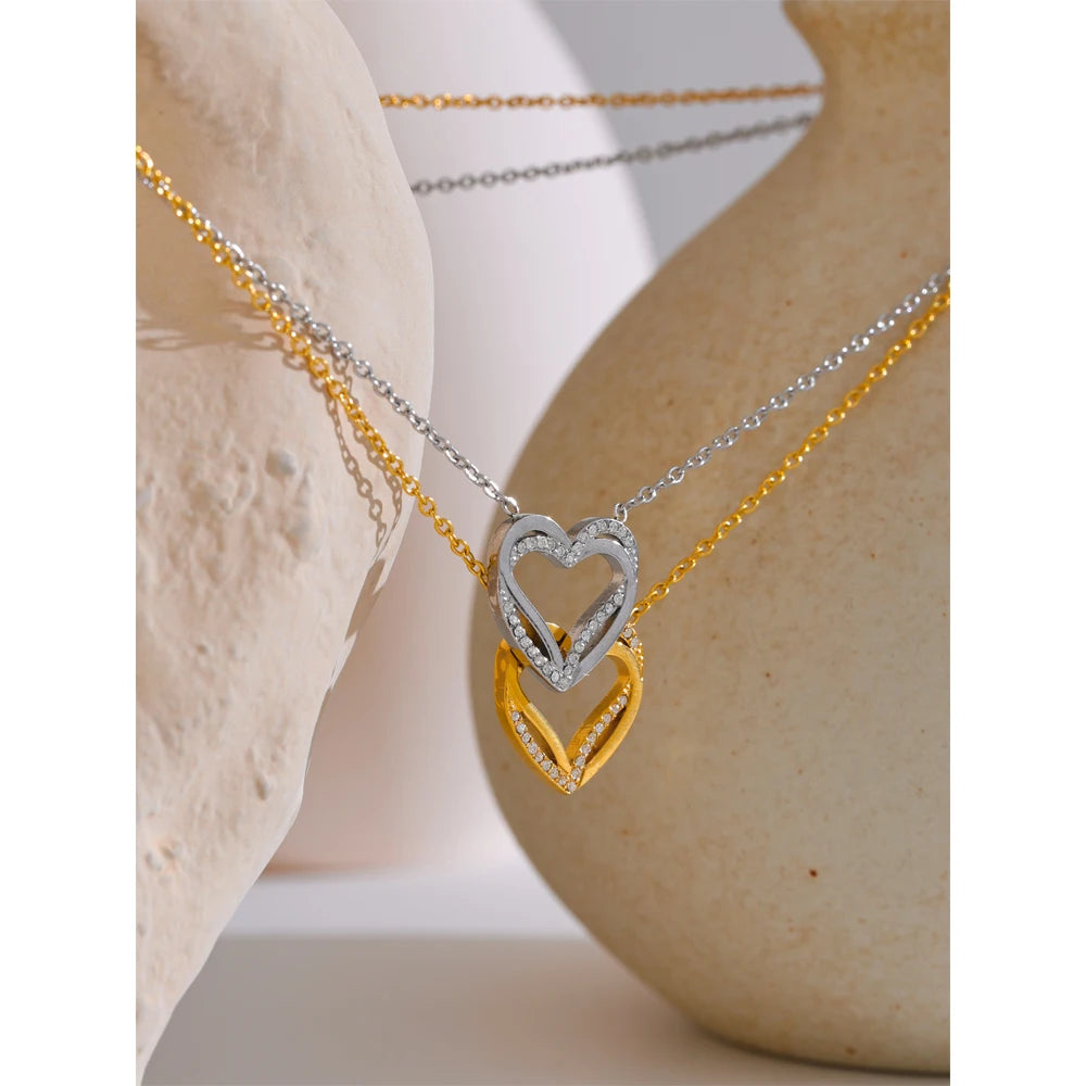 Stainless Steel Zirconia Heart Love Hollow Pendant Necklace