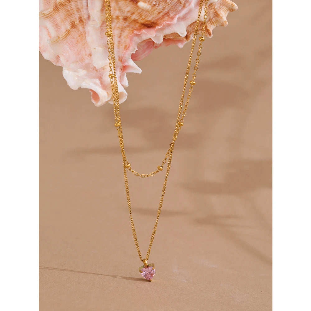 Stainless Steel Double-Layer Stacking Chain Pink Zircon Heart Pendant Necklace