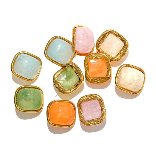 Colorful Resin Square Golden Stud Earrings