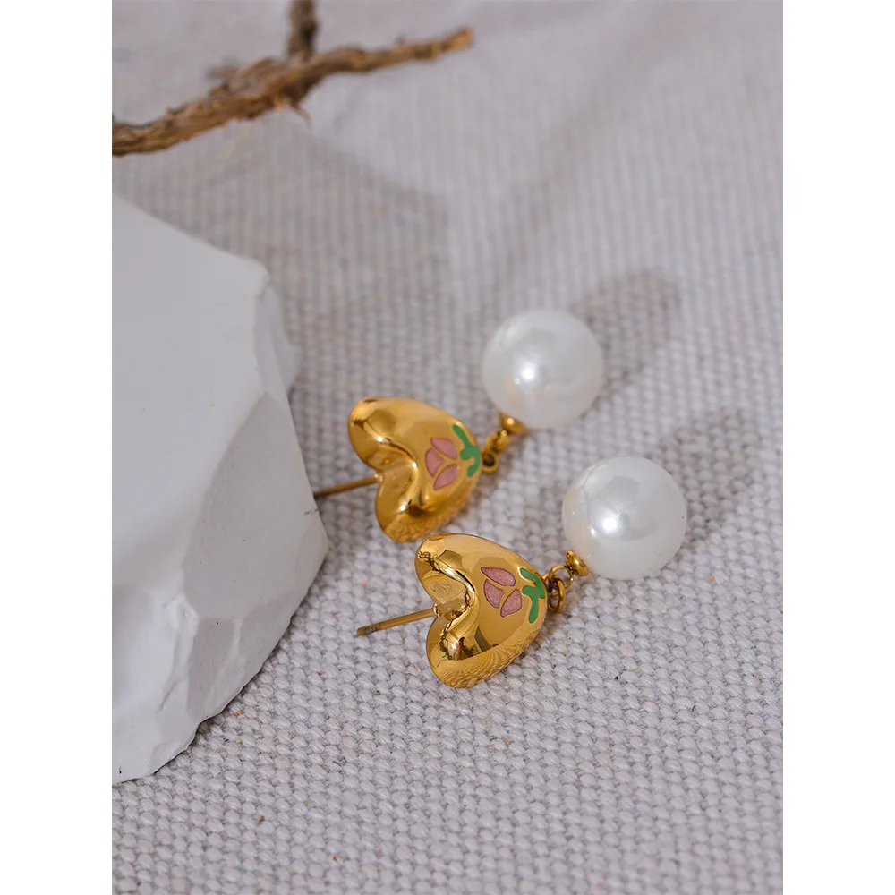 Stainless Steel Cast Heart Imitation Pearls Drop Sweet Earringst