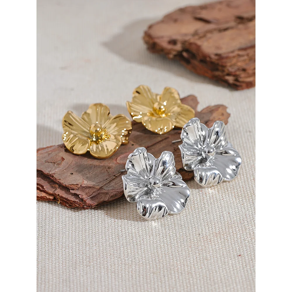 Stainless Steel Metal Flower Stud Earrings Rust Proof 18K Gold PVD Plated