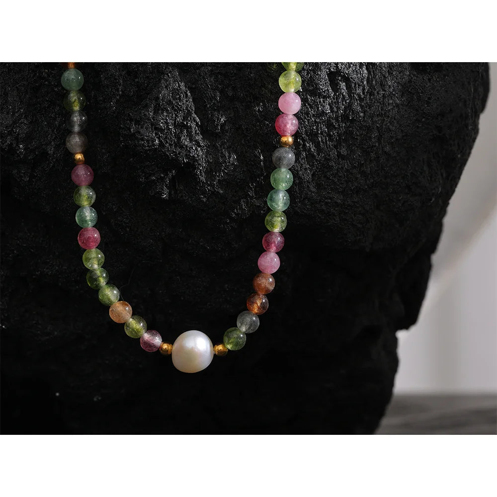 Multicolor Natural Tourmaline Stone Pearl Semi-precious Beads Luxury Necklace Handmade