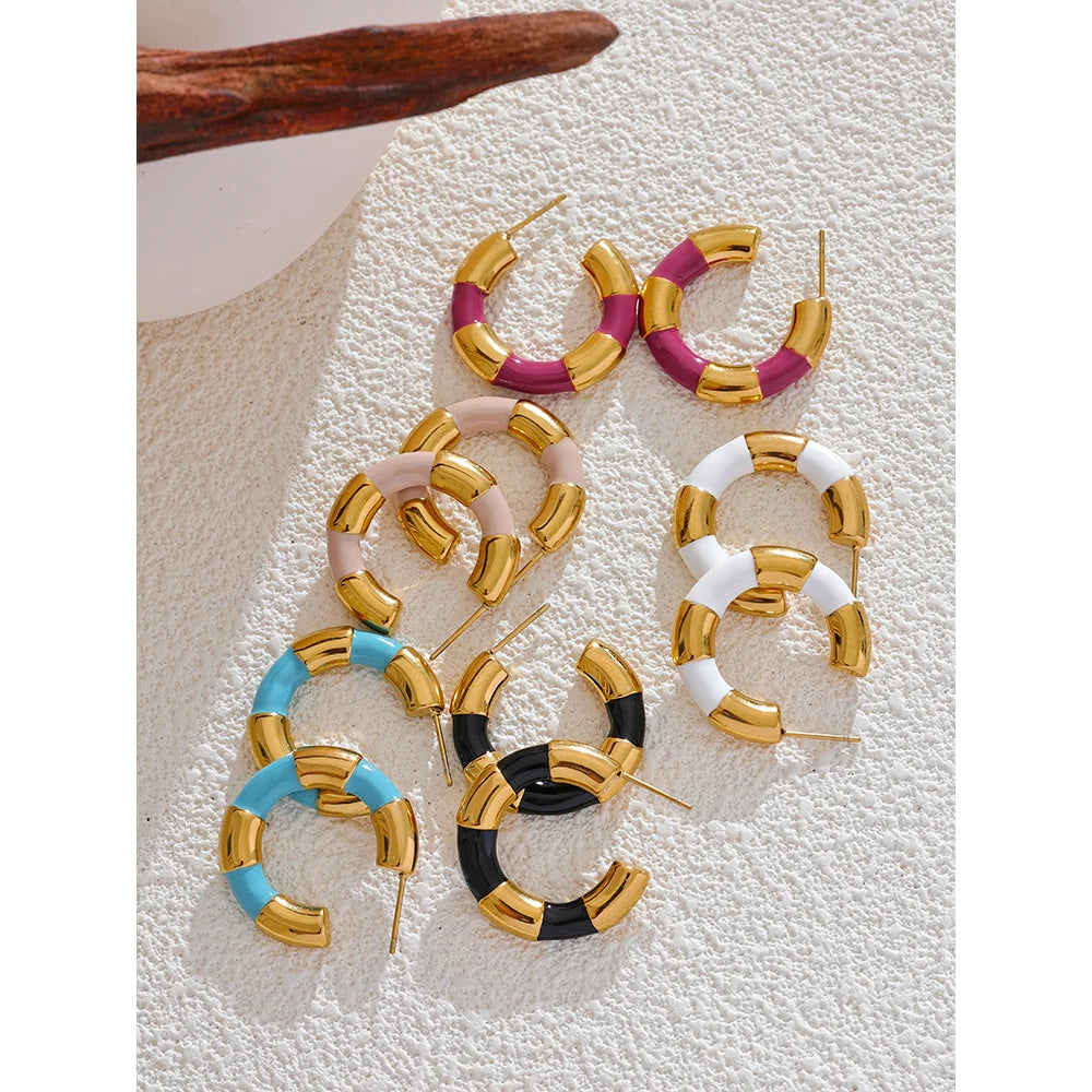 Multi Color Enamel Stainless Steel C-Shape Geometric Unusual Earrings