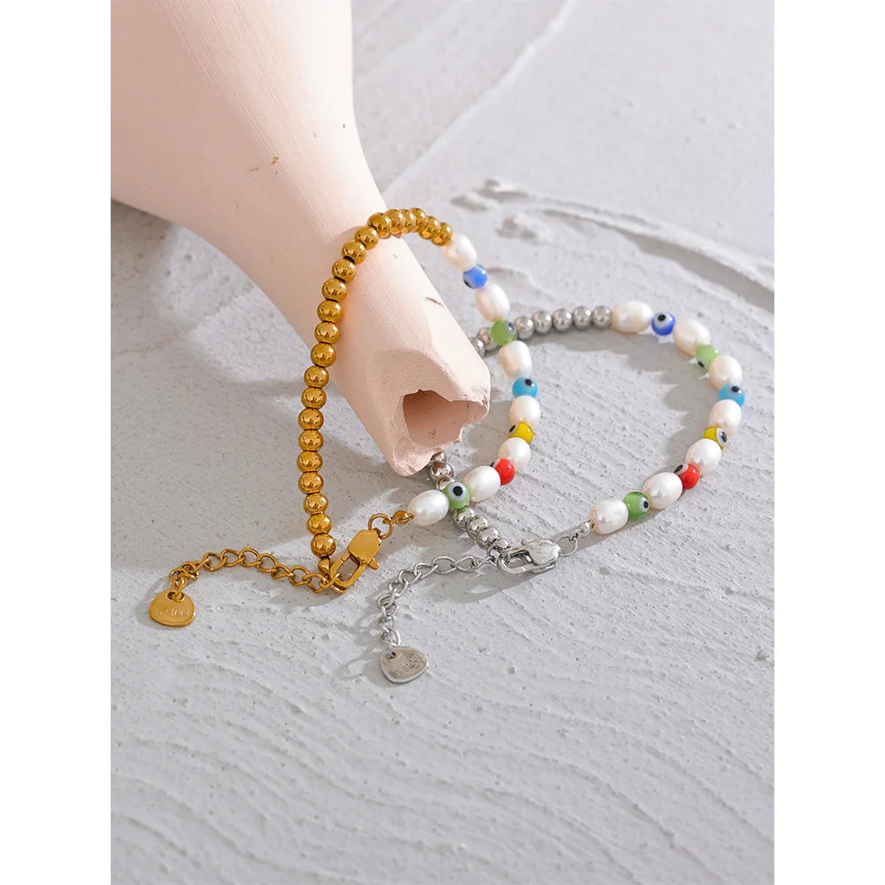 Natural Pearls Resin Eye Stainless Steel Beads Handmade Chain Bracelet