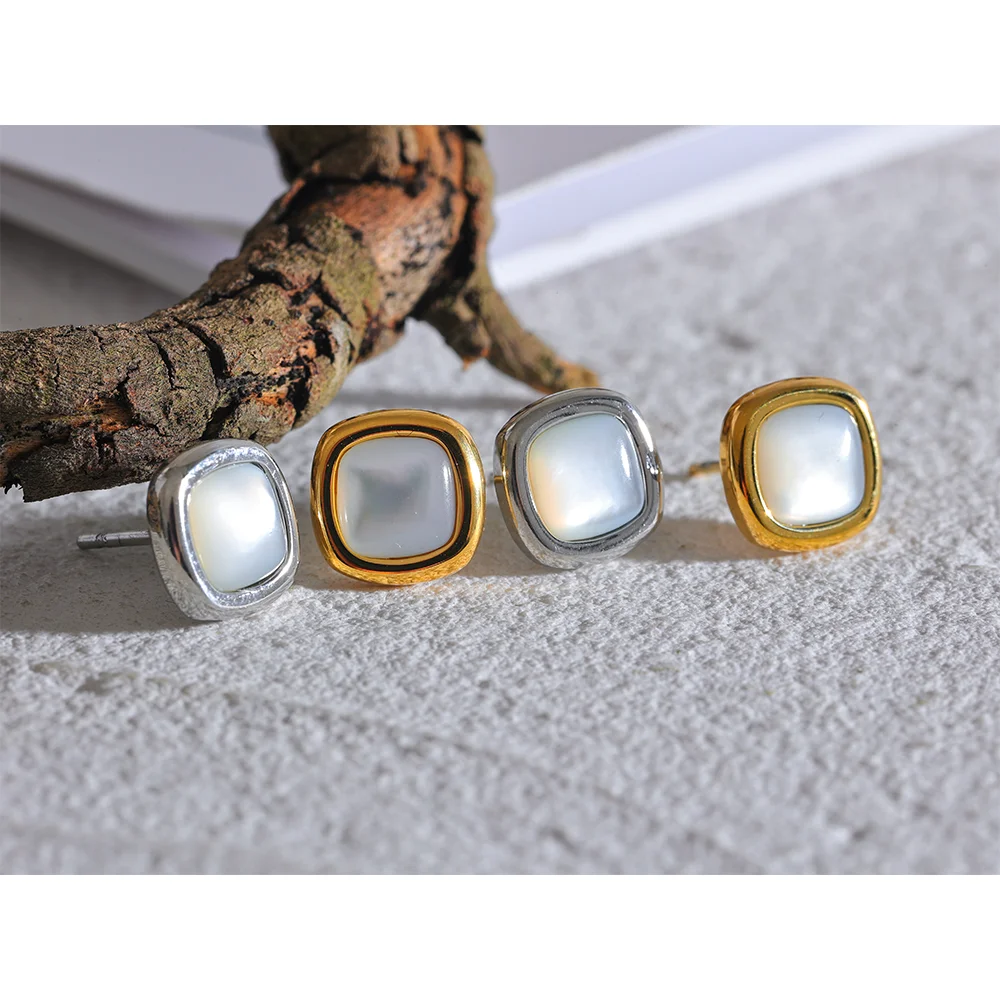 Stainless Steel Square Natural Shell Small Chic Stud Earrings