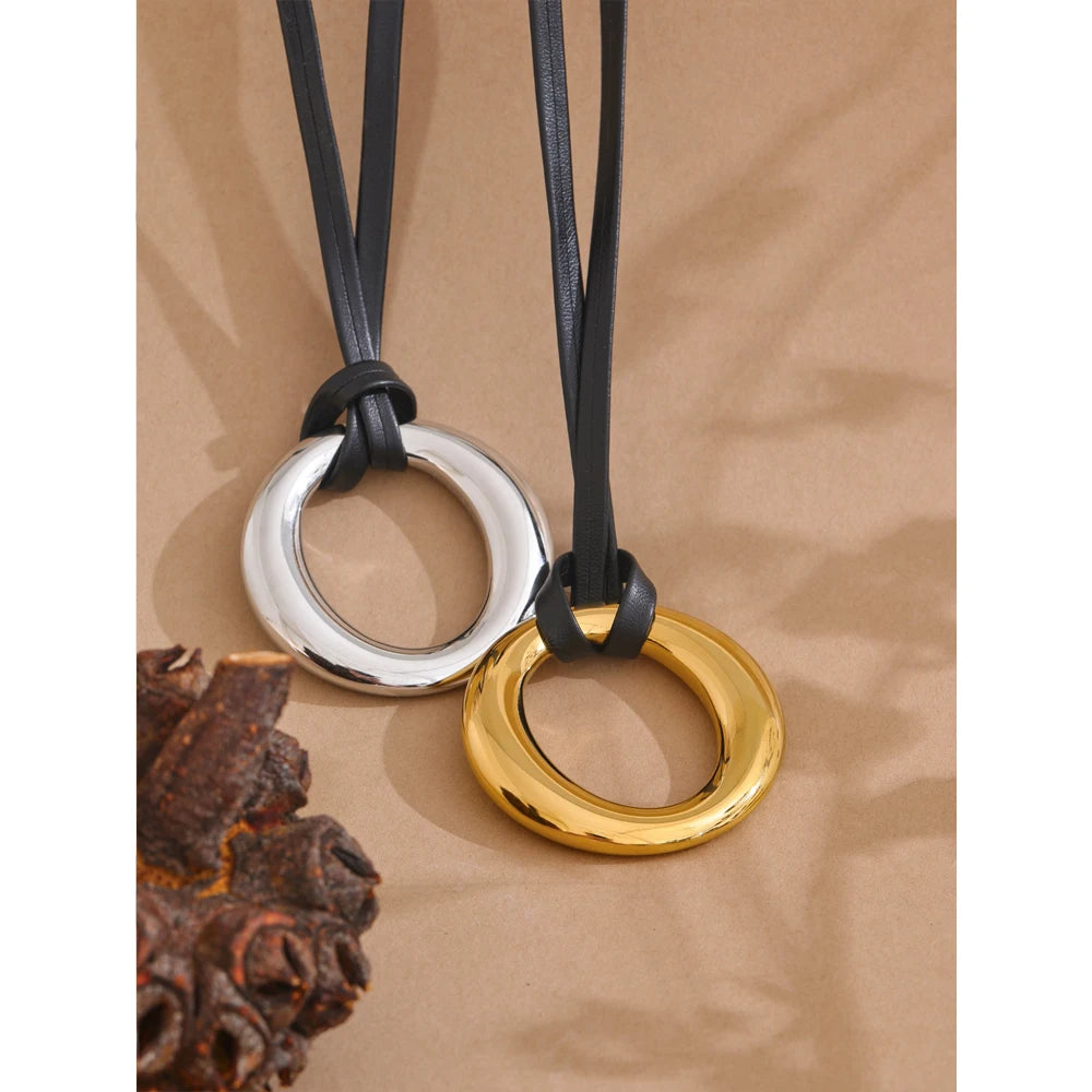 Long PU Leather Stainless Steel Round Pendant Fashion Bib Necklace