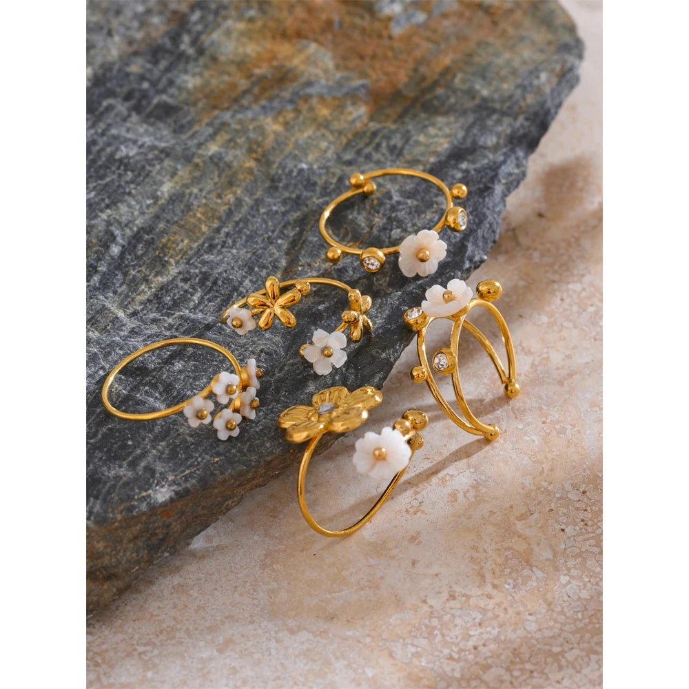 Natural Shell Zircon Flower Adjustable Open Golden Ring