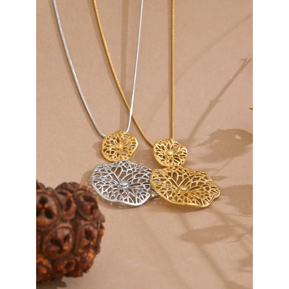 Stainless Steel Flower Big Double Round Pendant Fashion Necklace