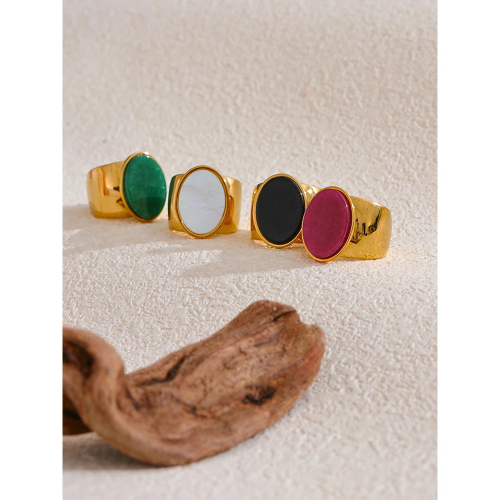 PVD Plated Stone Stainless Steel Gold Color Wide Ring