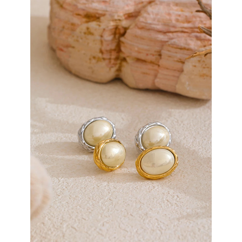 Pearl Oval Stud Earrings Stainless Steel 18K PVD Plated Daily  Jewelry