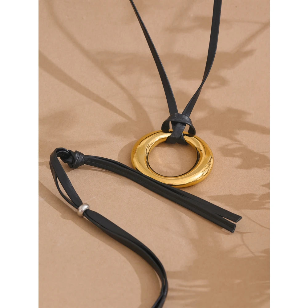 Long PU Leather Stainless Steel Round Pendant Fashion Bib Necklace