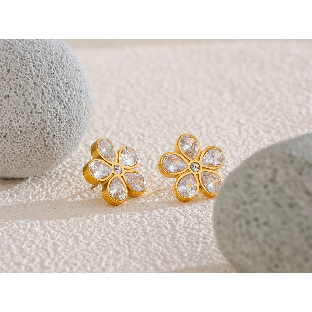 Cubic Zirconia Flower Golden Stud Earrings