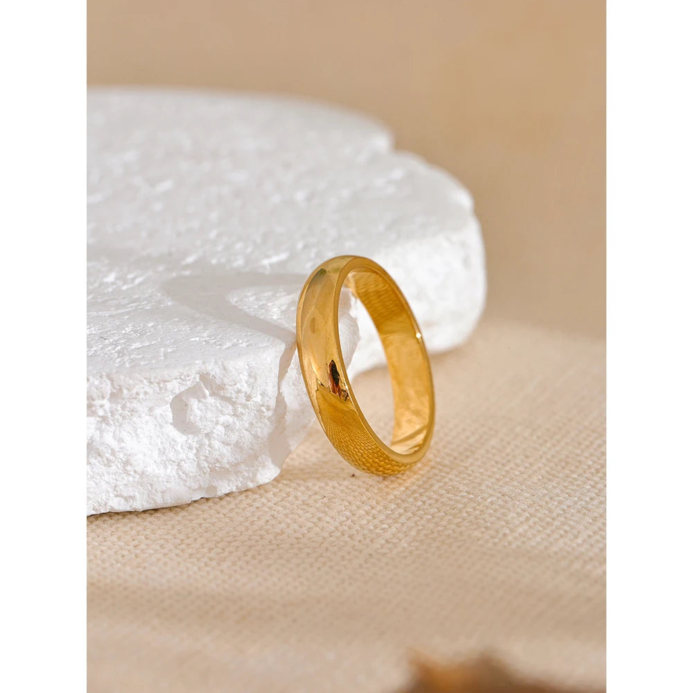 Stainless Steel Smooth Glossy Ring 18k Gold Plated Hypoallergenic Jewelry