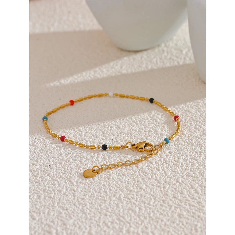 Colorful Enamel Beads Chain Bracelet 18K PVD Plated