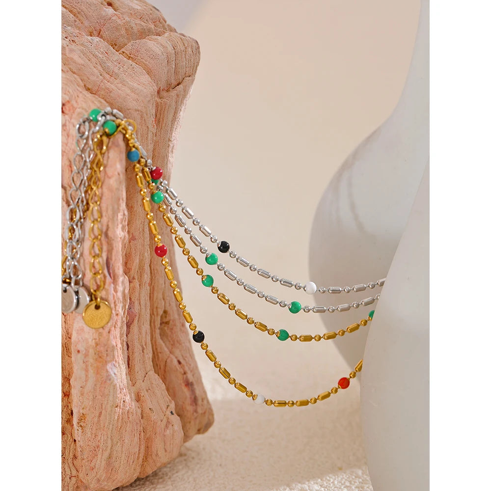 Colorful Enamel Beads Chain Bracelet 18K PVD Plated