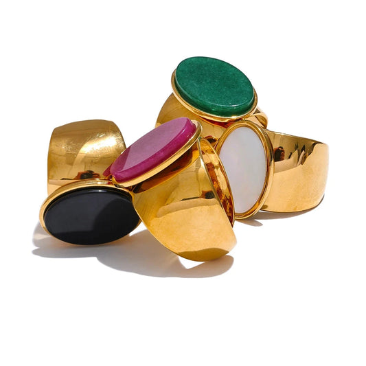 PVD Plated Stone Stainless Steel Gold Color Wide Ring