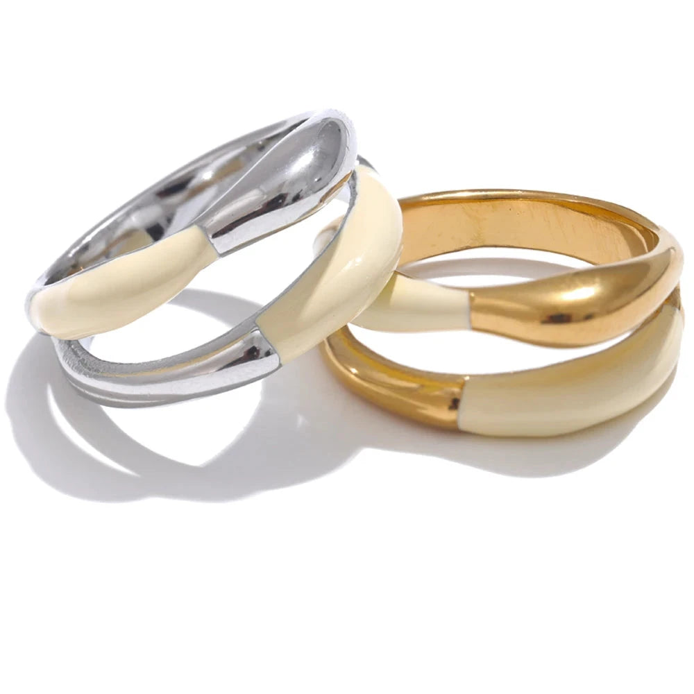 Ring Beige Enamel Fashion 18k Gold Platinum PVD Plated