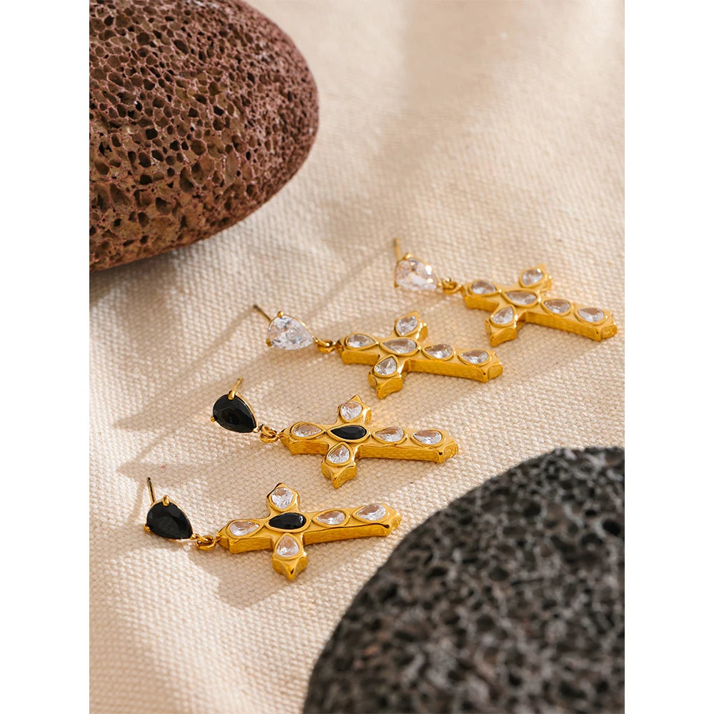 Shiny Cubic Zirconia Cross Drop Earring