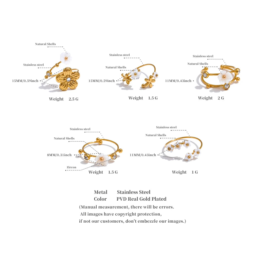 Natural Shell Zircon Flower Adjustable Open Golden Ring