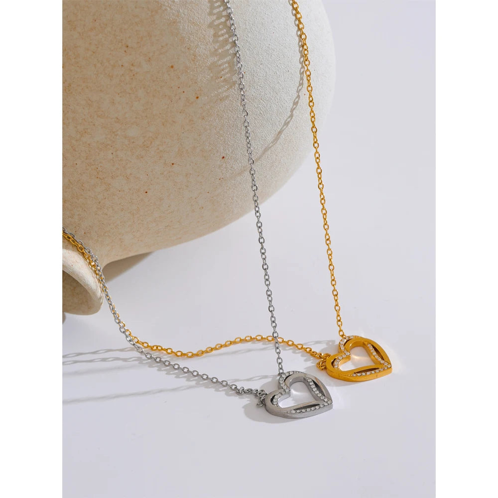 Stainless Steel Zirconia Heart Love Hollow Pendant Necklace