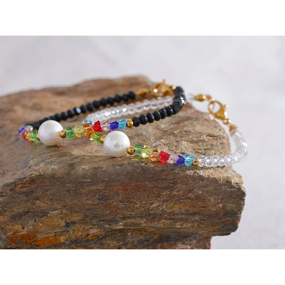 Colorful Crystal Natural Pearl Bead Chain Stainless Steel Handmade Bracelet