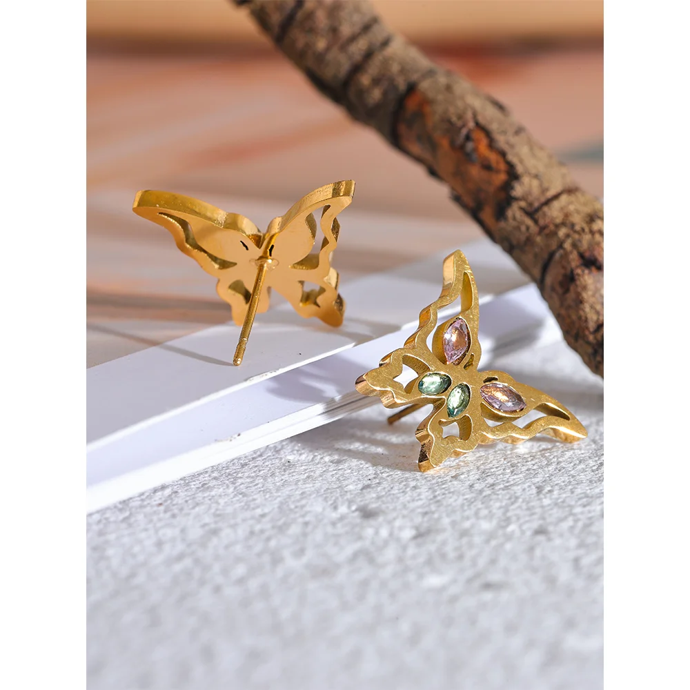 Stainless Steel Butterfly Hollow Stud Earrings Cubic Zirconia Gold Color