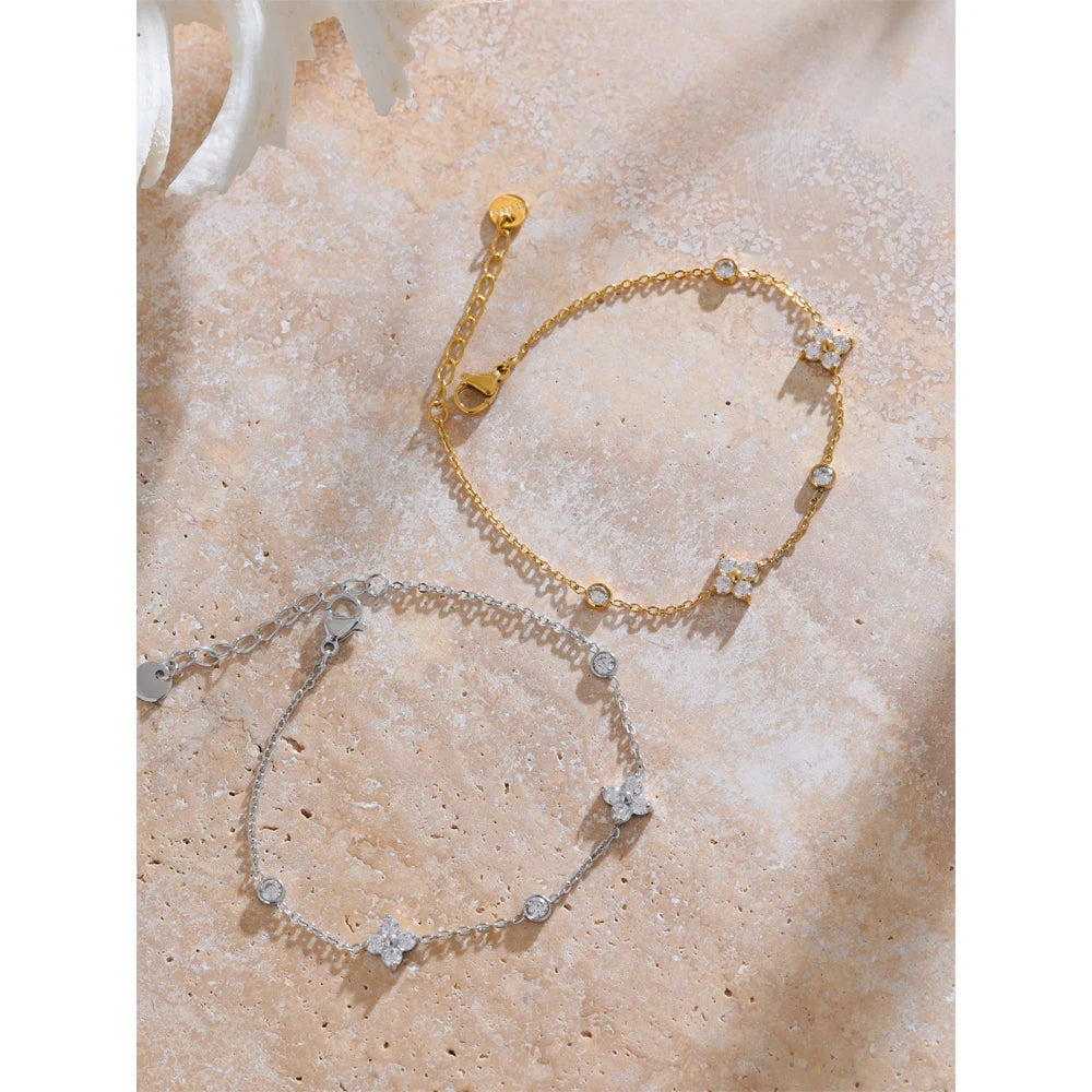 Cubic Zirconia Flower Chain Thin Bracelet