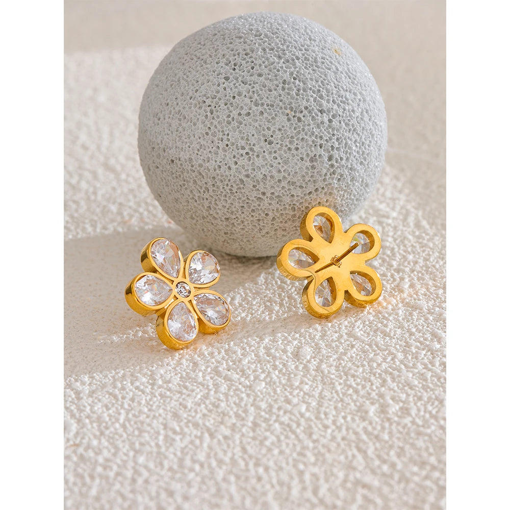 Cubic Zirconia Flower Golden Stud Earrings