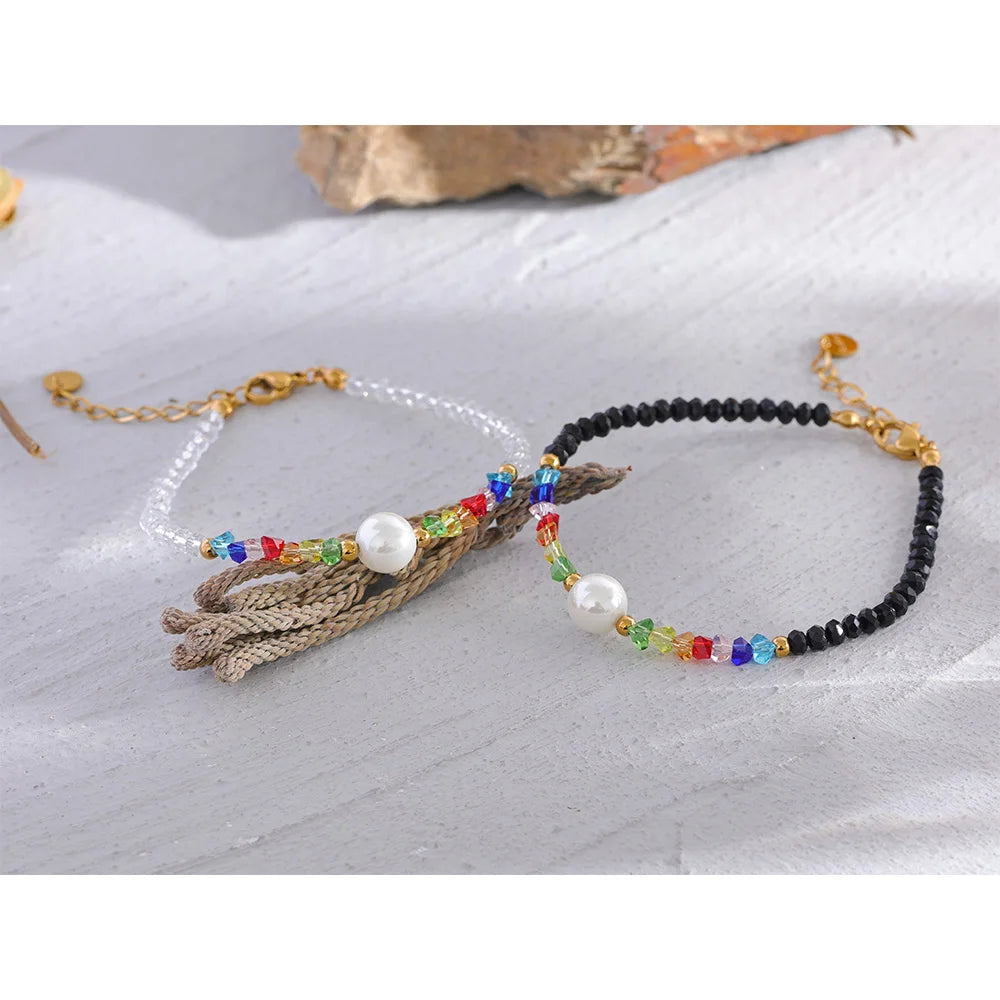 Colorful Crystal Natural Pearl Bead Chain Stainless Steel Handmade Bracelet