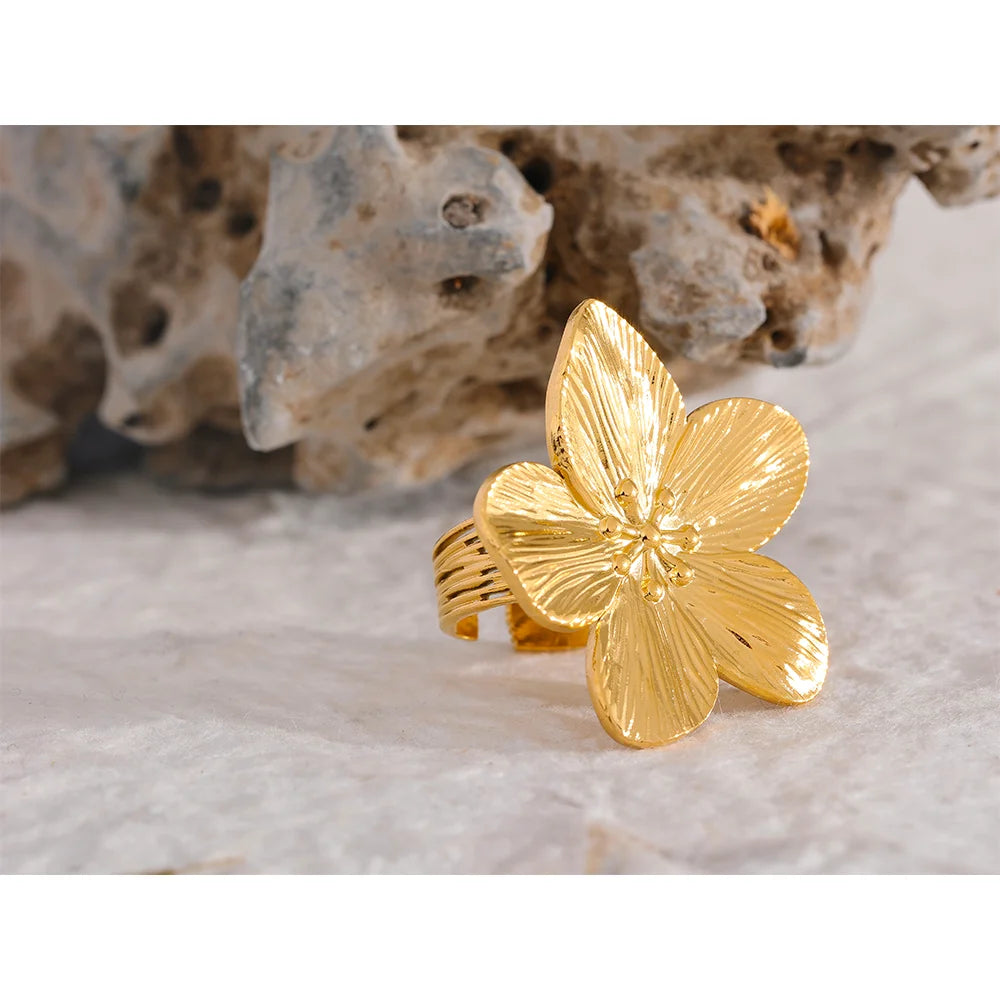 Waterproof 18K Gold Color Stainless Steel Flower Big Open Ring