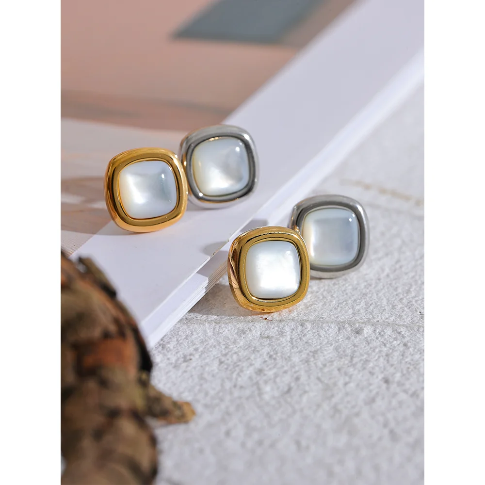 Stainless Steel Square Natural Shell Small Chic Stud Earrings