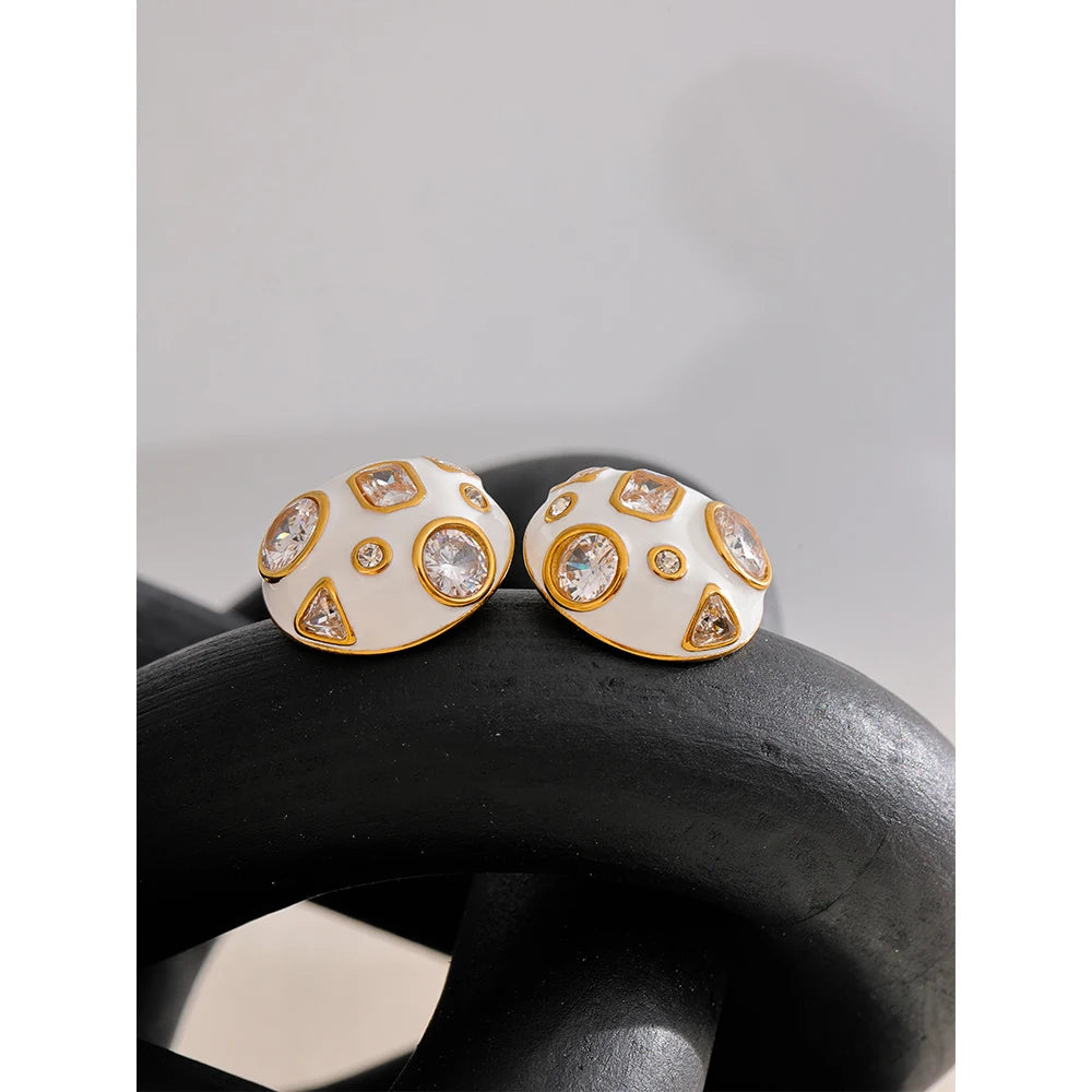 Stainless Steel White Enamel inlaid Cubic Zirconia Charm Stud Earrings