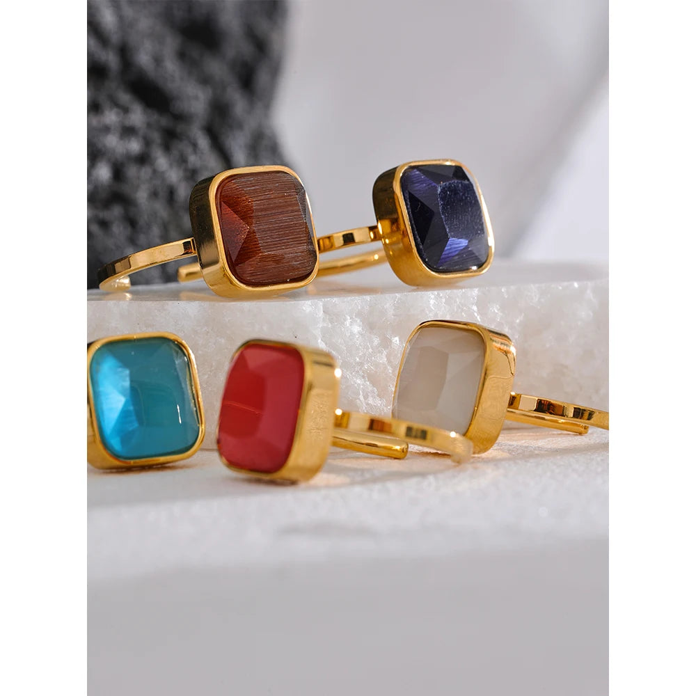 Colorful Opal Natural Cat Eye Stone Stainless Steel Square Open Ring