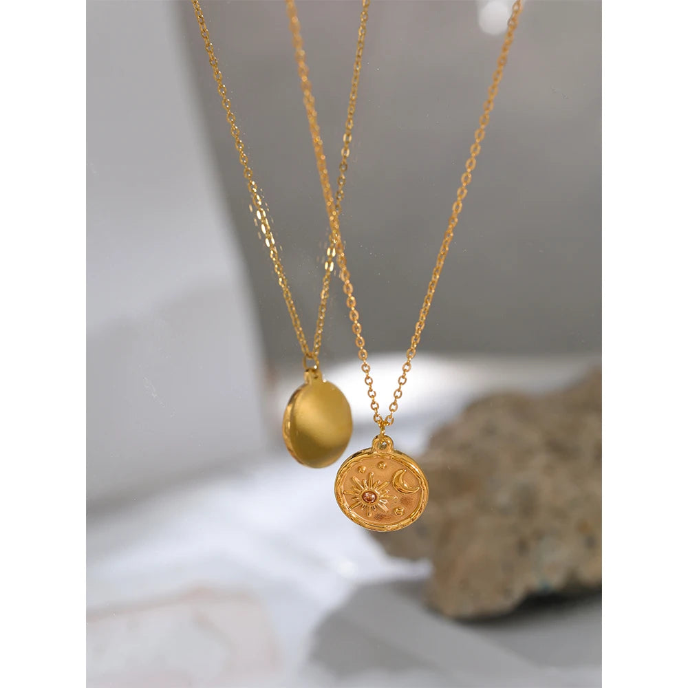 Round Pendant Stainless Steel Necklace 18k Gold Plated  Jewelry