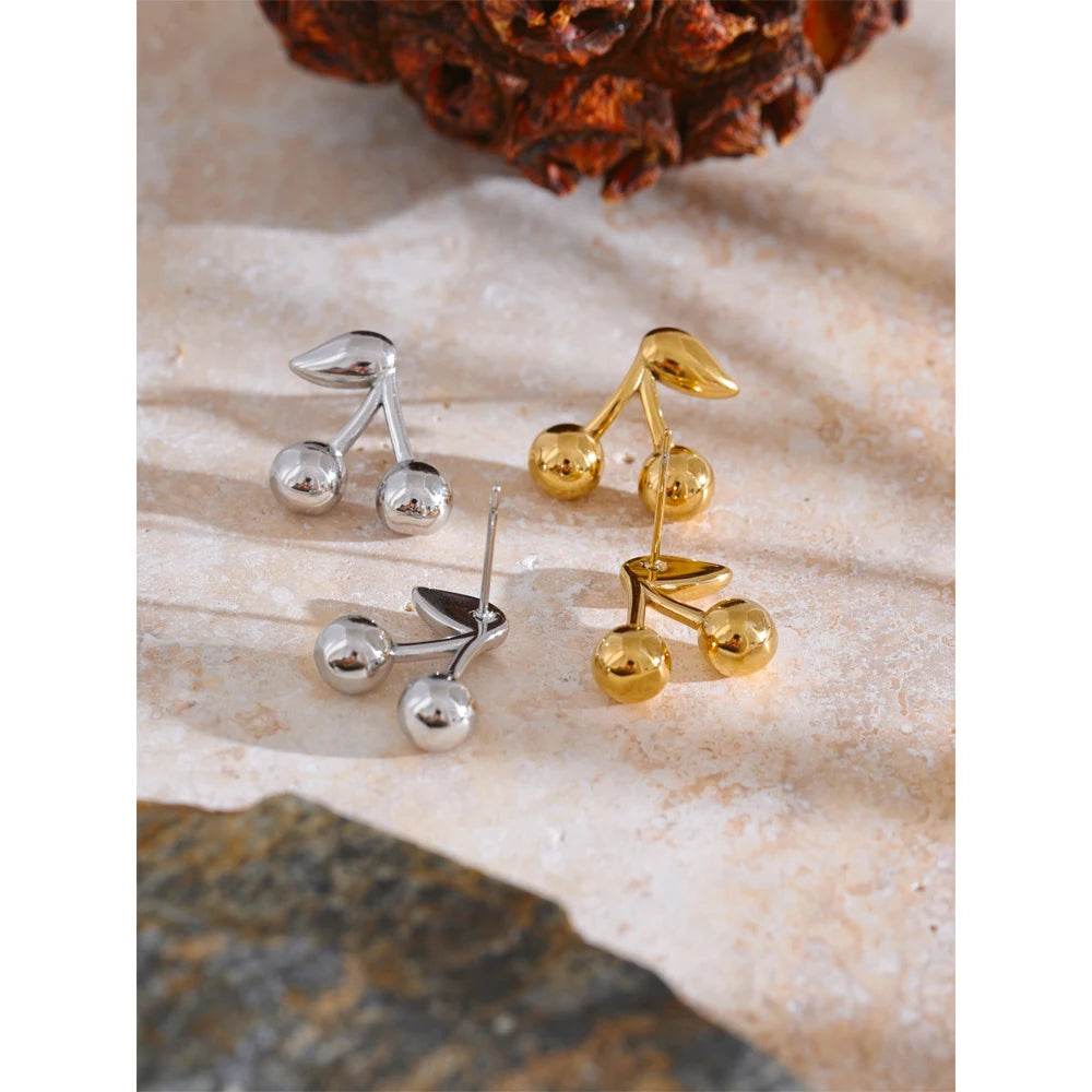 Stainless Steel Metal Chic Cherry Golden Stud Earrings