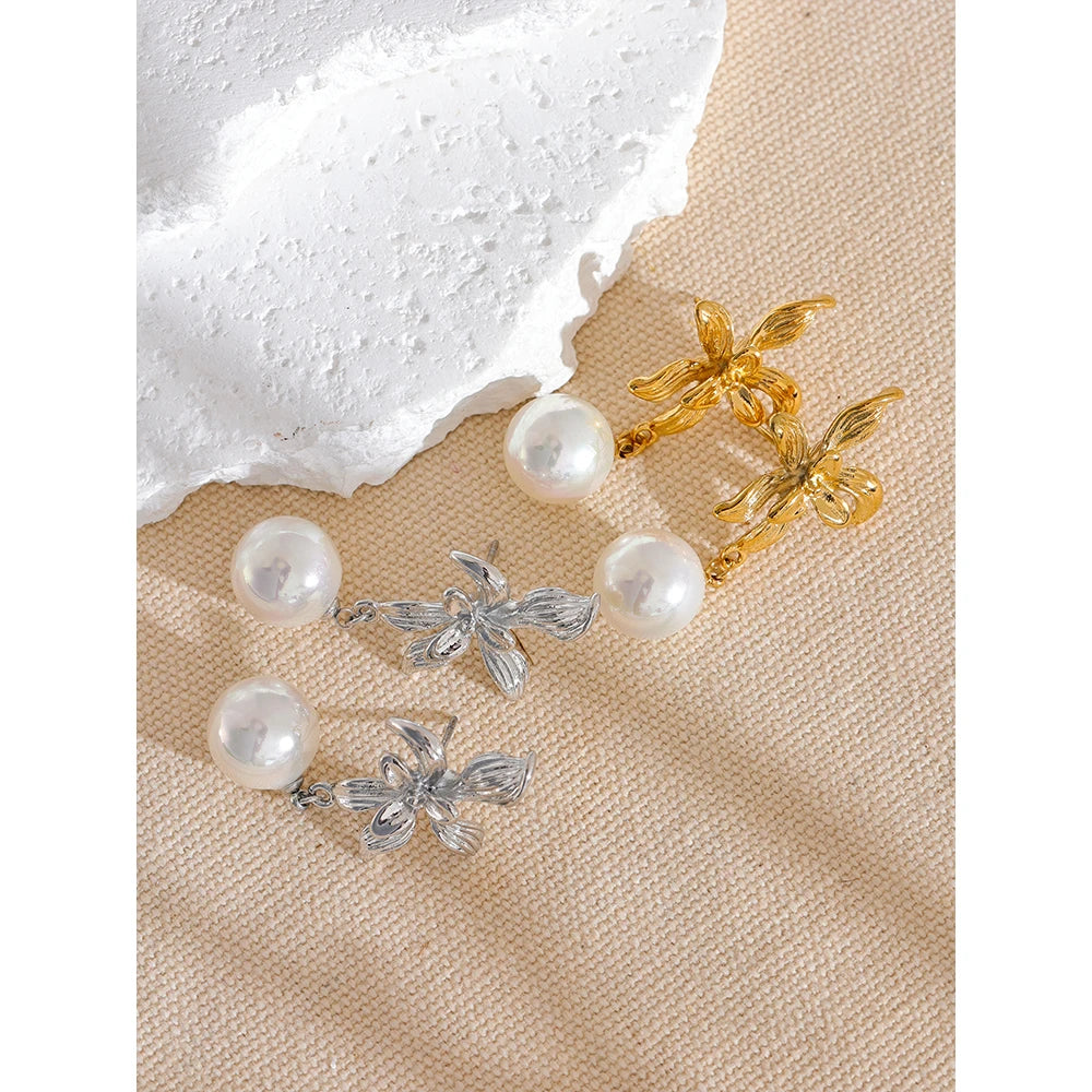 Waterproof Flower Imitation Pearls Drop Earrings