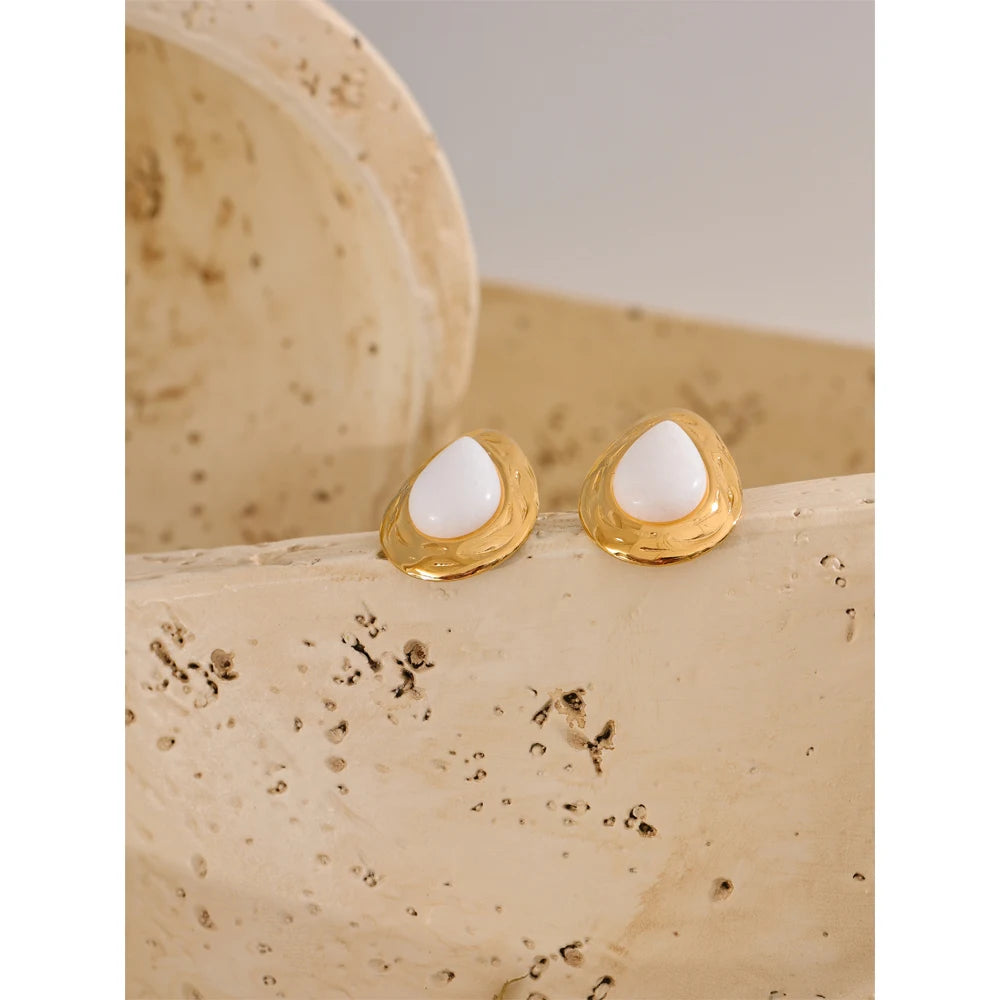 White Stone Water Drop Teardrop Golden Stud Earring